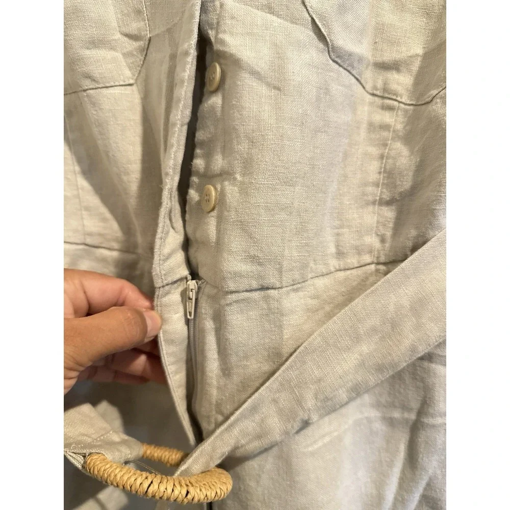 MANGO Womens Linen Belted Jumpsuit Beige Khaki Utility Cap Sleeve Wide Leg Med